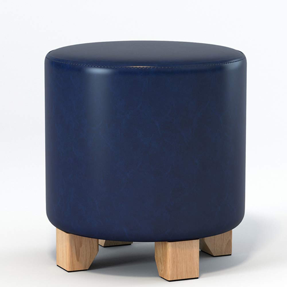 Pouf en faux cuir bleu et repose-pieds en bois rond de petit diamètre