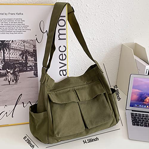 Image of LassZone Canvas Messenger Bag Large Crossbody Bag Hobo Shoulder Handbags Multi Pocket Denim Tote Bag for Women or Men