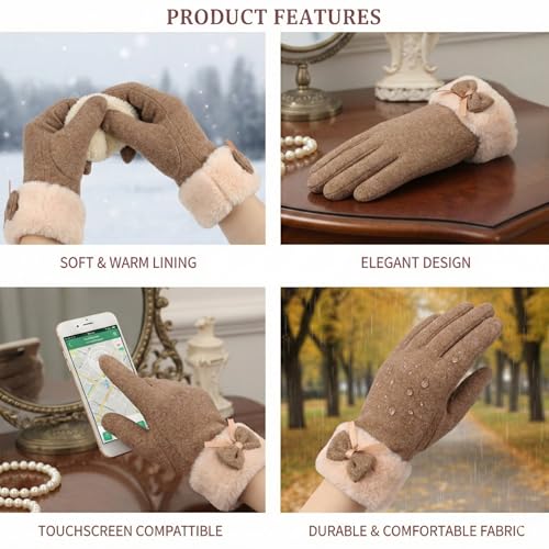 Image of Kraptick Women's Winter Woolen Gloves - Premium Thermal Fleece Lined Touchscreen Hand Warmer Gloves for Cold Weather, Cycling & Driving Soft Fur Cable Knit Elastic Mittens (Free Size, Purple Bow)-6