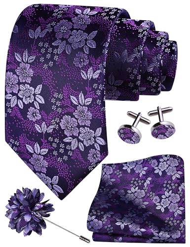 Image of GUSLESON 3.15 inch（8cm） Mens Floral Tie and Lapel Pin Necktie Hankerchief Cufflinks Set for Men