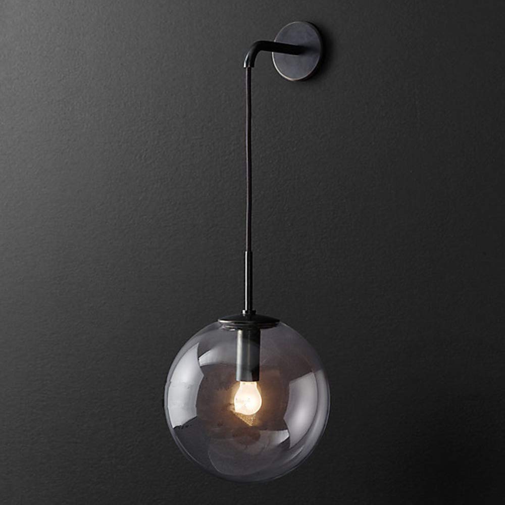 H XD GLOBAL Industrial Vintage Loft Bar 20cm Globe Drop Wall Lighting Fixture Bedroom Corridor Sconce Light Retro Gray Glass Sphere Wall Lamp (20cm, Black Metal, Gray)