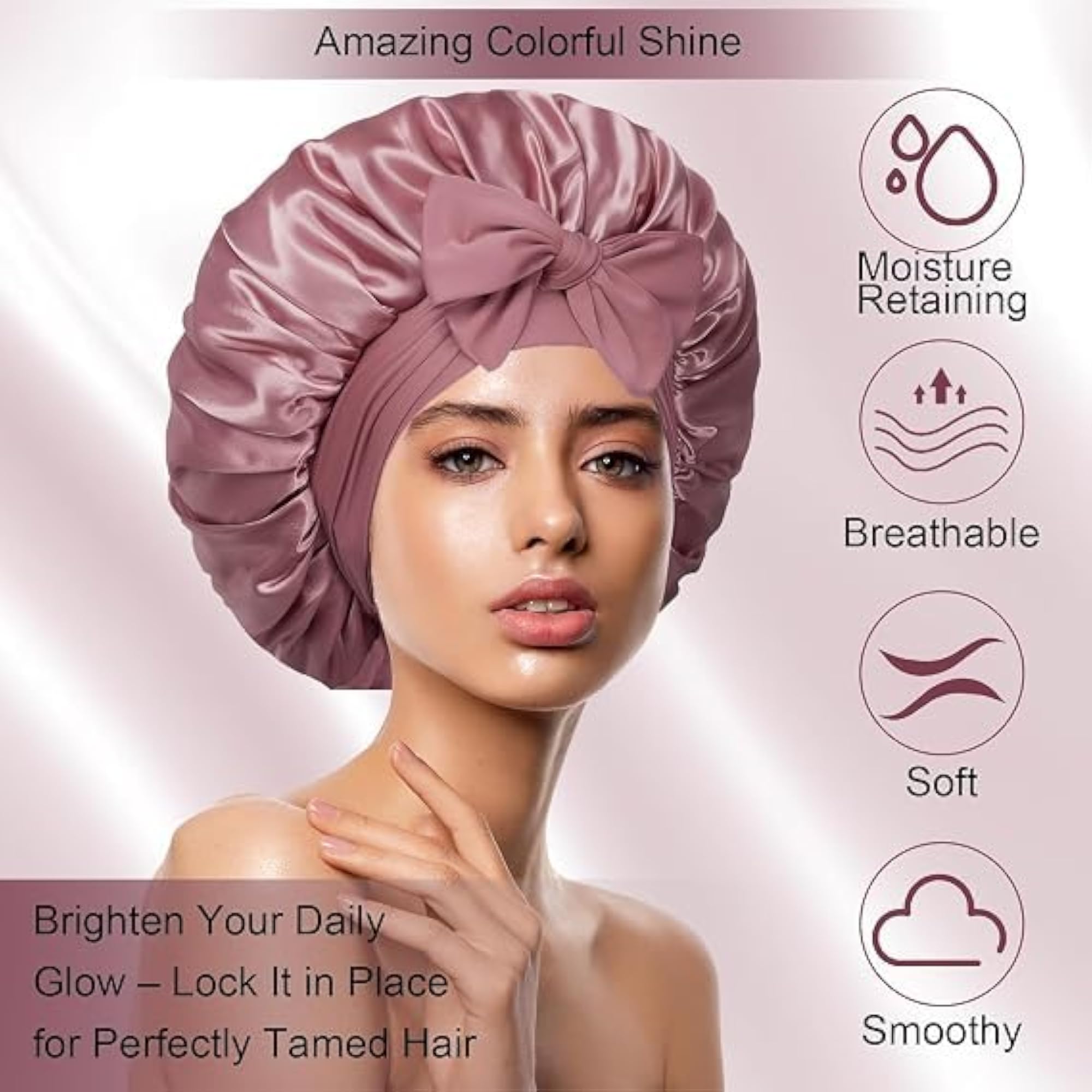 Satin Sleep Bonnet Cap with 3 Scrunchies, Adjustable Fit