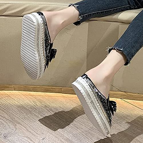 Image of Women's Platform Rhinestones Glitter Sneakers,Fashion Cute Bow Comfy Breathe Canvas Hand-Stitching Slip On Casual Walking Flat Loafers