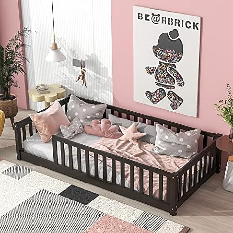 UOCFYK Twin Size Floor Bed with Fence & Slats, Pine Wooden Montessori Bed for Boys and Girls, No Box Spring Needed, Easy to Assemble(Espresso) Cover