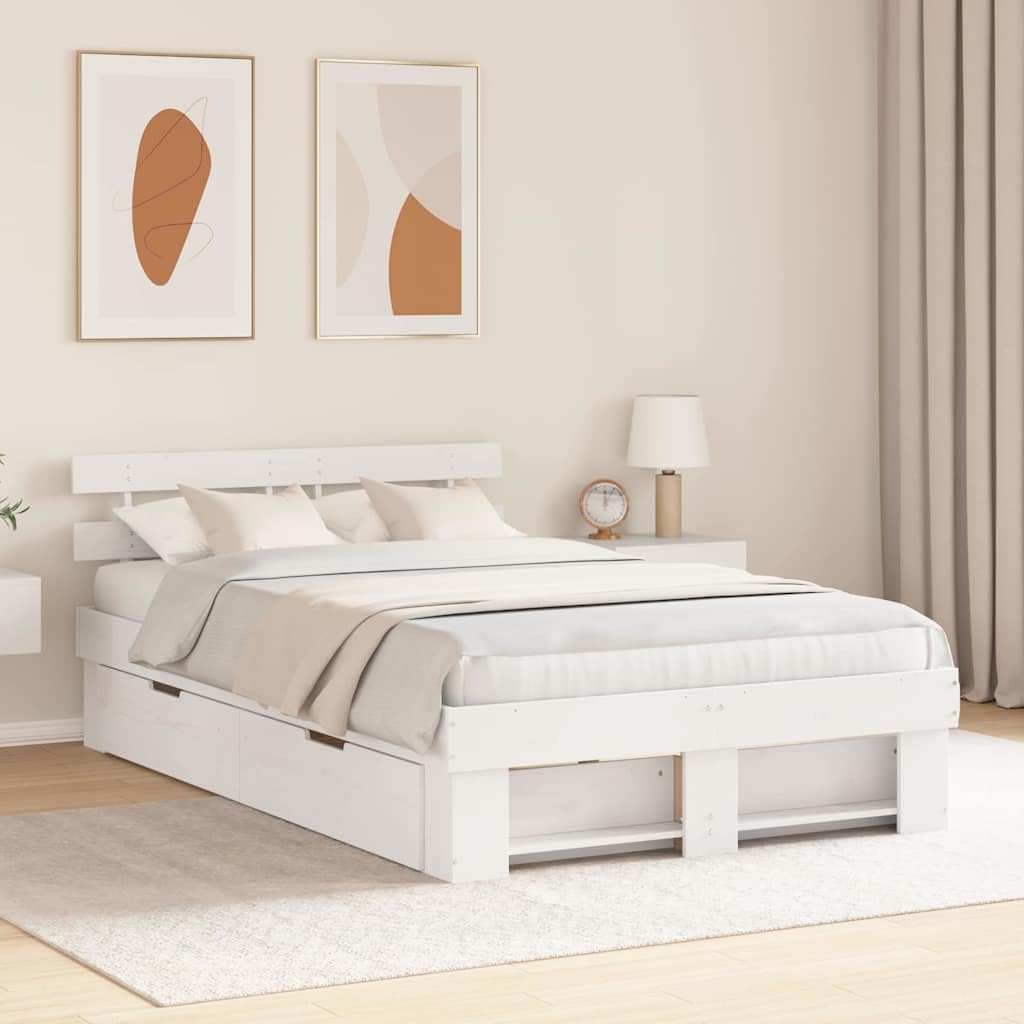 Lit double blanc 135 x 190 cm pin massif