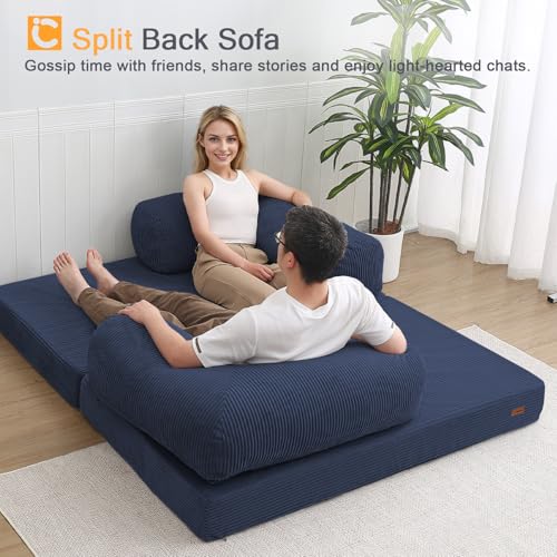COMAX Futon Sofa Bed, 4-in-1 Floor Foldable Sofa Couch Bed Queen with L-Shaped Armrests, Convertible Folding Chair Bed Sleeper Mattress Fold Out Comfy Lounge for Living Room Bedroom, Dark Navy Blue
