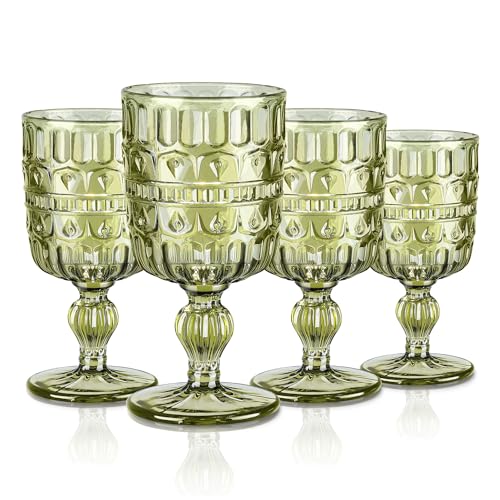 Joeyan 300ml Bicchieri acqua Vetro Verde Calici, 4 pezzi Colorati Bicchieri Decorati Vetro in Rilievo,Vintage Calici Vino Rosso/Bianco per Cocktail aperitivo Liquore Grappa,Lavabile in Lavastoviglie
