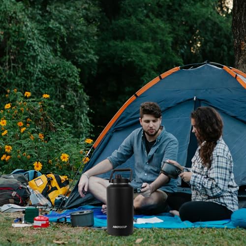 Image of ABOTOCUP 2 Gallon Water Jug with Wide Mouth, 256oz Insulated Water Bottle Keep Cold24h&Hot12h, Comes with Ergonomic Handle, Two Double Walled 16oz 18 /8 Stainless Steel Cups Thermo Canteen Mug