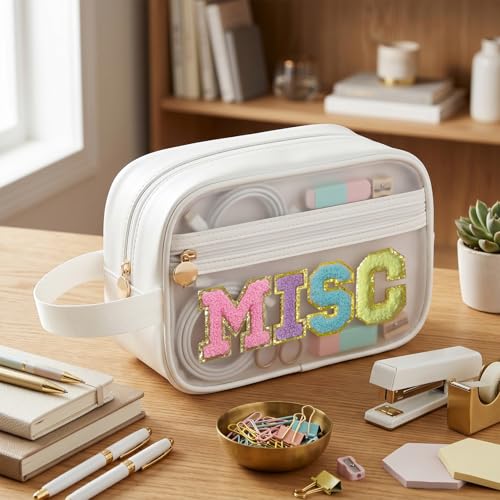 Image of COSHAYSOO Clear MISC Makeup Bag Miscellaneous Stuff Organizer, Small Preppy Chenille Letter Patch Cosmetic Zipper Pouch, Toiletry Make Up Travel Purse Gifts for Teen Girls Women Daughter Sister
