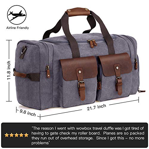WOWBOX Duffle Bag Weekender Duffel Bag for Men and Women Genuine Leather Canvas Travel Overnight Carry on Bag with Shoes Compartment Grey