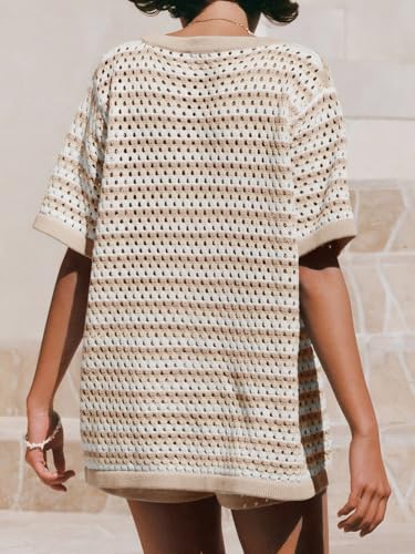 Saodimallsu Womens Crochet Swimsuit Coverup Summer Beach Sets Striped Knit Short Sleeve Button Shirts 2 Piece Short Set4