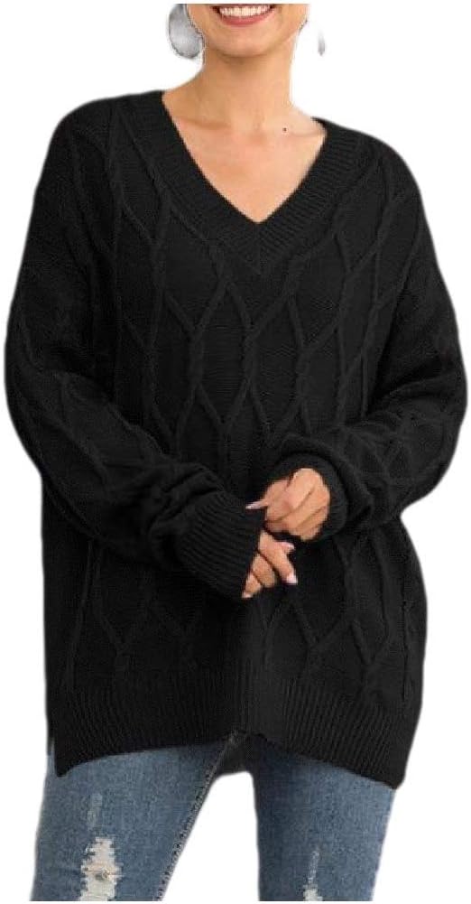 Tralounry Suéter de Punto en V de Cuello en V Macizo para Mujer Black S