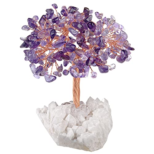 mookaitedecor Natural Purple Amethyst Crystal Tree of Life Ornament for Home Reiki Healing Crystal Money Tree Stone Bonsai Tree with Clear Quartz Base Feng Shui Ornament Gift for Wealth Good Luck
