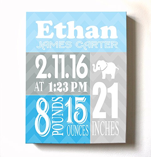 Personalized Stretched Canvas Birth Announcement Gift, Custom Baby Name, Date, Weight Stats, Newborn Elephant Nursery Wall Art Decor, Wooden Frame Construction, Ready to Hang 20X24