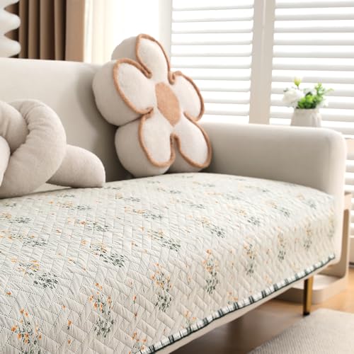 Image of HOKIPO 'HomeHues Series' Printed Quilted Sofa Cover Mat for 2 Seater Sofa, Light Green Ash Gypsy Flower (IN-807-D5*1)