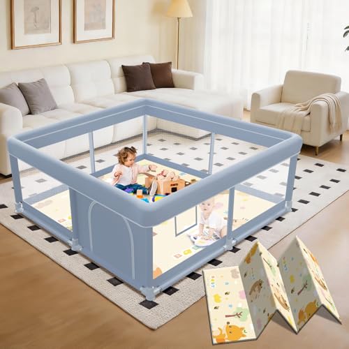 Image of XVISHX 50 x 50 Inch Baby Playpen with Mat, Playpen for Babies and Toddlers, Baby Playard for Indoor & Outdoor Active Center Game Fence, with Skin-Friendly Fabric and Soft Breathable Mesh, Grey