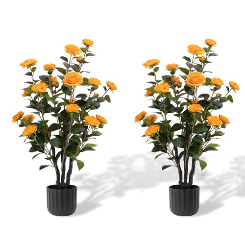 38'' Artificial Faux Camellia Tree Plants for Indoor Outdoor, 2 Pack Fake Orange Silk Camellia Tree Plants in Cement Pot for Home House Living Room Office Decor