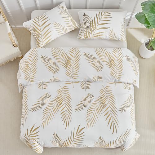 Image of Lekesky King Duvet Cover Set, White and Gold Tropical Palm Leaf Pattern Comforter Cover King Size, 3 Pieces Soft Microfiber Bedding Sets with Zipper & 2 Pillowcases, Comforter Not Included