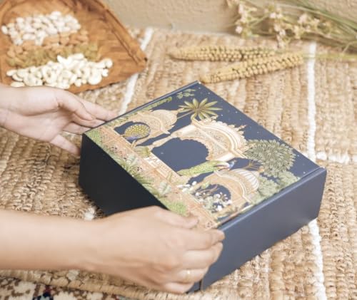 Image of Greenfinity Rakhi Special Dry Fruits Gift Hamper for Brother & Sister | With Rakhi Thread & Greeting Card | Rajasthani Gift Box| Almonds, Cashews, Pistachios & Green Raisins (200g Each, 800g)