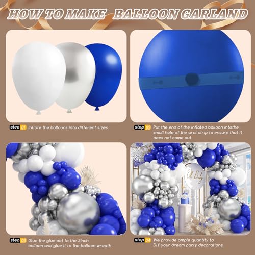 Image of 412Pcs Blue White Silver Balloon Arch Kit,18 12 10 5 Inch Different Size Royal Blue and White Balloons for Graduation Birthday Wedding Party Decorations