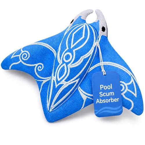 HTS Turbo Swimming Pool & Swim Spa Scum Absorber - Blue Oil Absorbing Stingray Reusable Floating Sponge Soaks Up Oil Lotion Makeup Machine Washable Inground & Above Ground Pools