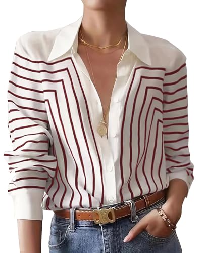 Women's Striped Button Down Slim Fit Shirt 2025 Long Sleeve Collar Work Blouse Tops