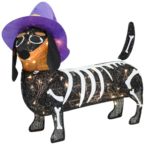 KITBONIS Pre-lit 25.5 Inches Long Halloween Skeleton Dachshund Dog with Witch Hats with Twinkle Lights Indoor Outdoor Decorations Halloween Decorations Lights for Home Garden Party Yard Decor Black KITBONIS Pre-lit 25.5 Inches Long Halloween Skeleton Dachshund Dog with Witch Hats with Twinkle Lights Indoor Outdoor Decorations Halloween Decorations Lights for Home Garden Party Yard Decor Black