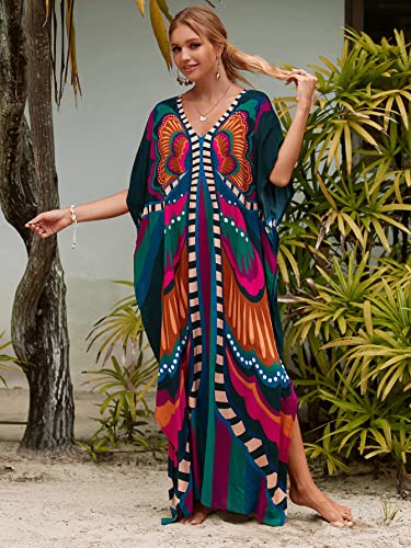 sunforyou Kaftan Dresses for Women Plus Size Lightweight Swimsuit Cover up Batwing Sleeve Print Loungewear Beach Robe (9141) Butterfly - Image 3