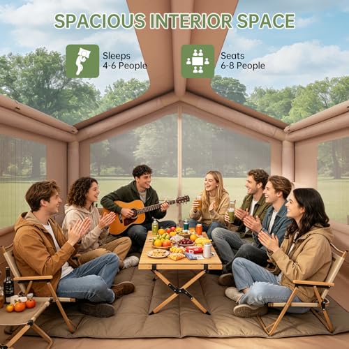 Carpa Inflable con Claraboya Panorámica para Estrellas, Carpa de Aire de Montaje Rápido con Bomba, Carpa Glamping Impermeable Oxford con Salida para Estufa, Puertas y Ventanas de Malla para 7 Personas miniatura 6