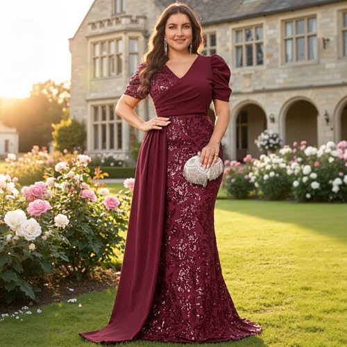 Image of Elegant Women's Formal Dress Wedding Guest Puff Sleeve Mermaid Ball Gowns Court Train Plus Size Sequin Long Dresses