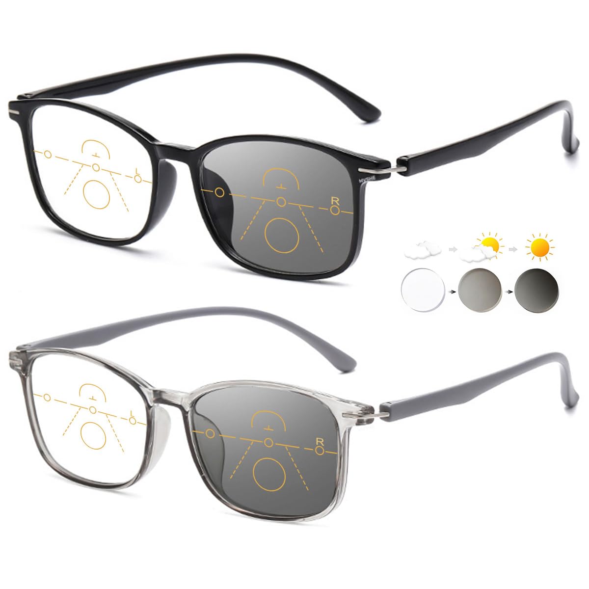 KOOSUFA Selbsttönende Gleitsichtbrille Herren Damen Progressive Multifokus Photochrome Ultraleicht Anti-Blaulicht Gleitsicht Lesebrille mit UV-Schutz Sonnenlesebrille 1.0 1.5 2.0 2.5 3.0 3.5 4.0