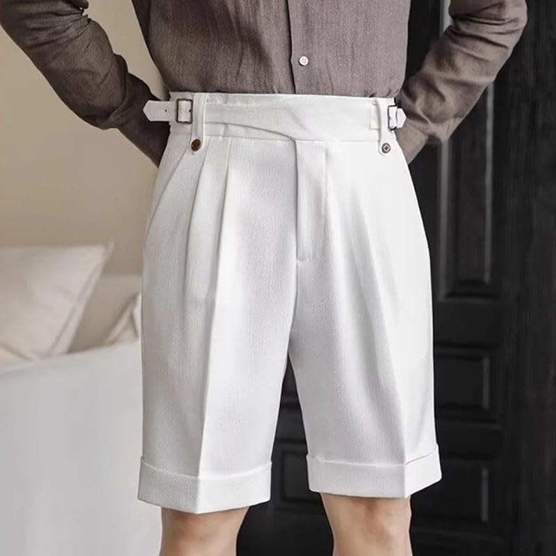 Mens Vintage High Waist Belt-Up Suit Shorts Summer Casual Solid Color Pleated Shorts