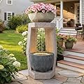 Ultym 32" Outdoor Fountain, Modern Geometric Two Bowls Water Feature with LED Lights, Resin Soothing Cascading Waterfall for Patio, Backyard, Garden or Porch