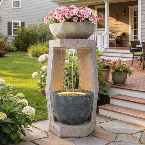 Ultym 32' Outdoor Fountain, Modern Geometric Two Bowls Water Feature with LED Lights, Resin Soothing Cascading Waterfall for Patio, Backyard, Garden or Porch