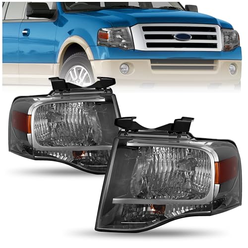 HECASA Pair Headlight Compatible with 2007-2014 Ford Expedition Replacement for FO2502226 FO2503226 Halogen Headlamp Front Light Lamp w/Bulb Smoke Lens Chrome Housing with Amber Reflector Left&Right
