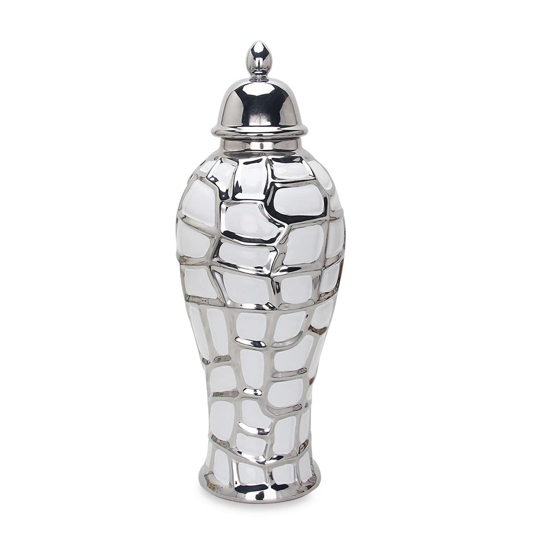asdchZen Silvery Ginger Jar Vase With Lid Ceramic Ginger Vase Decorative Porcelain Temple Jar With Lids Flower Vases Decor Centerpiece Table Home Kitchen Dining Decorations S,Large