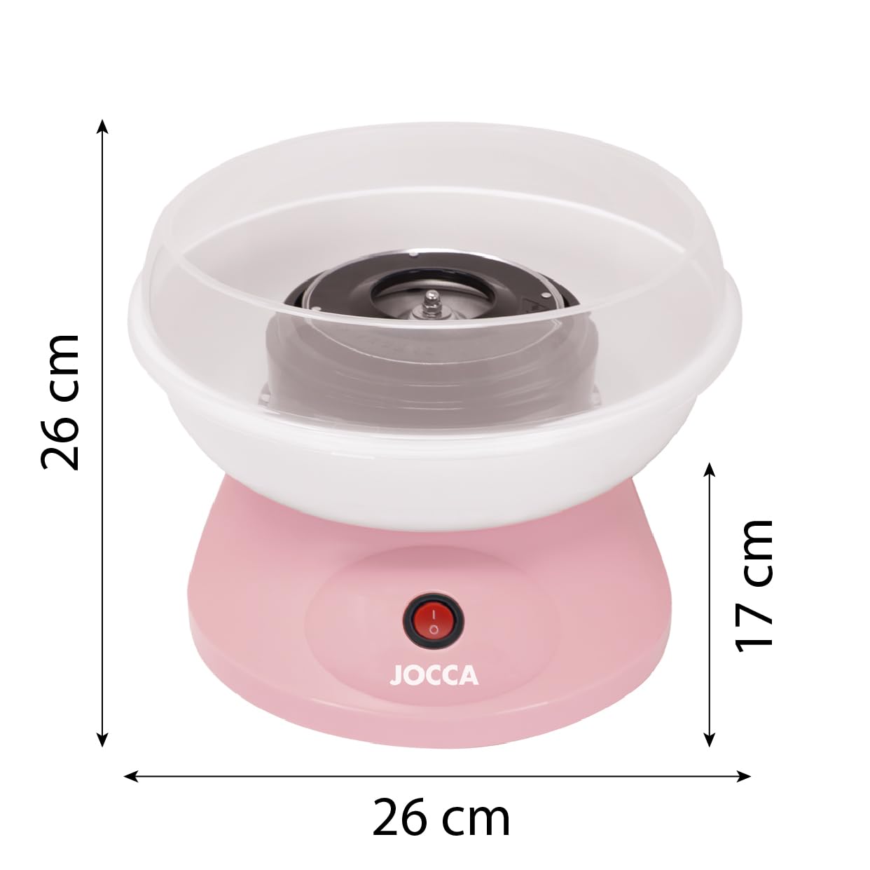 Jocca - Máquina de algodón de azúcar rosa | 520 W | Compatible con caramelos y azúcar común | Incluye cuchara medidora y 10 palitos | Diseño compacto 26×26×17 cm