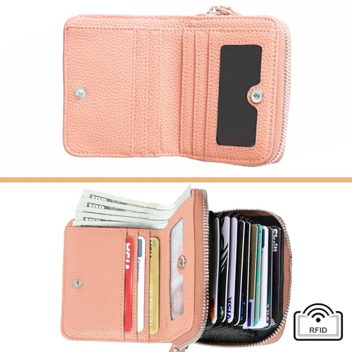 Image of Genuine Wallet Women RFID Blocking Card Holder, Small Leather Womens Wallet with Zipper ID Window Coin Pocket