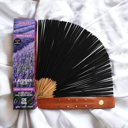 Image of HOSLEY Incense Sticks with Wooden Holder|120 Sticks Lavender Fields Natural Fragrance|Infused with Essential Oils Agarbatti Sticks|Perfect for Home, Pooja,Meditation(Pack of 1)