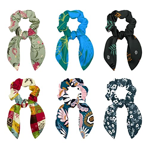 6 Pcs Hair Scrunchies - Florals Pattern with Palm Leaves Hair Scarf Scrunchy with Ribbon Bow, Elastic Hair Ties Ponytail Holders for Women Teenage Girls