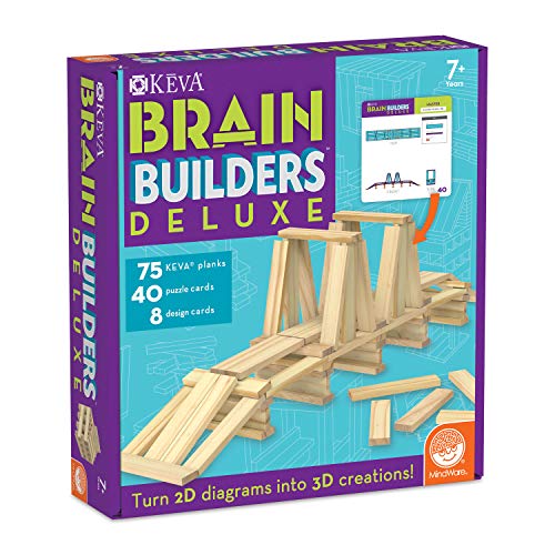 MindWare Keva Brain Builders Deluxe: STEM Building Toy Includes 75 KEVA Planks 40 Puzzle Cards 8 Design Cards 3D Building Skills for Kids - Ages 7+