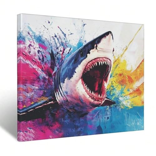 Toile requin colorée haute définition XINBAO grand tableau d'art mural encadré 80x120cm