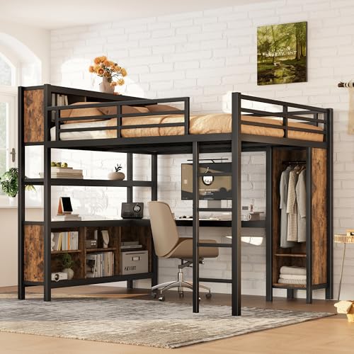 Image of Bellemave Queen Size Loft Bed with Desk, Wardrobe, Storage Cubes and Shelves, Metal Queen Loft Bed Frame for Adults, Kids, Teens, Black and Woodgrain