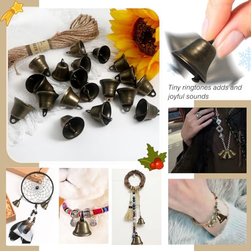 TOAOB 20 Stück Bronze Glöckchen zum Basteln Vintage Glocken 22 mm Metallglöckchen Mit 1 Rollen Hanfseil für Windspiele Machen Handwerk Urlaubsdekoration Weihnachtsglocken Haustierglocken