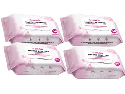 🌿 Mivida Makeup Remover Wipes | Bulk Pack Of 4 | Alcohol Free, Fragrance Free | Hypoallergenic, Vitamin E | Convenient Flip Top Pack, 50 Wipes Each | Total 200 Wipes | Gentle Facial Cleansing And Makeup Remover Wipes #TOP2