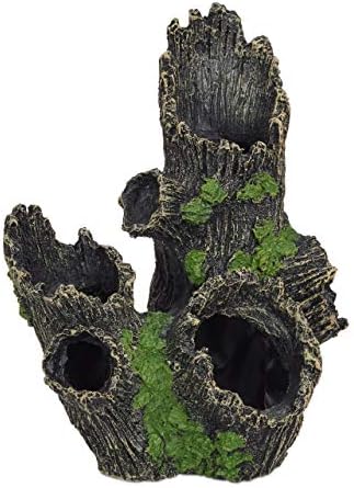 Relaxdays Decoración Acuario, Tronco con Cueva, Escondite Peces, 1 Ud., Poliresina, 16,5 x 15,5 x 11 cm, Negro y Verde