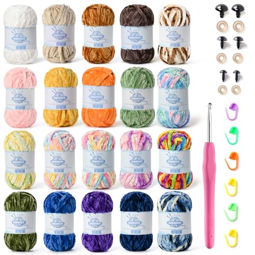 Image of 20 Pack 984 (yd) Chunky Chenille Yarn for Crocheting and Hand Knitting with Black Red White Green Yellow Rainbow Plush Velvet Yarn，Baby Blanket Yarn for Crocheting Soft Amigurumi Yarn B