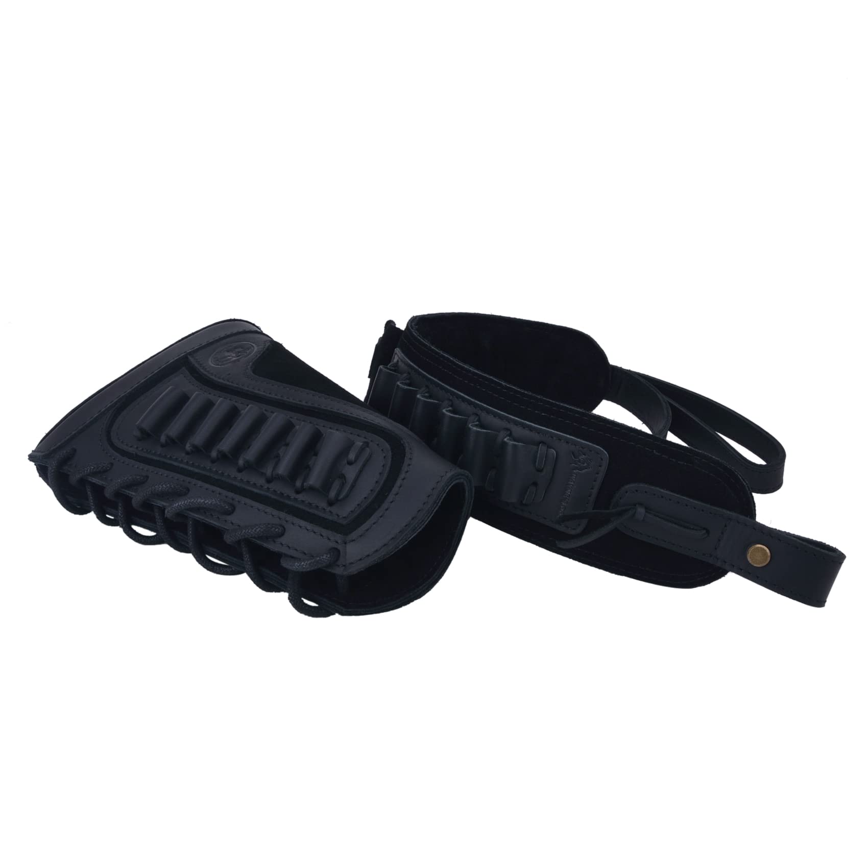 Leather Gun Shell Holder Buttstock with Matched Rifle Sling for .357.30-06 .30-30.45-70 .308 .22LR 12GA (Righty Hand, Black(.357 .30-30 .35 .38))