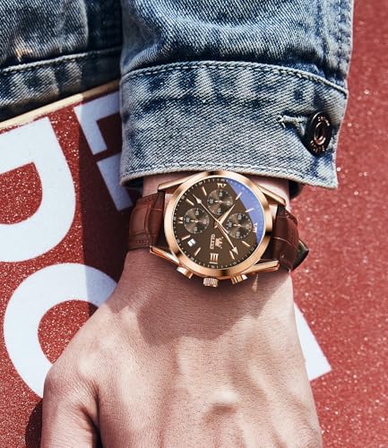 Image of OLEVS Watches for Men Original Analog Quartz Stylish Brown Leather Luxury Business Chronograph Waterproof Date Mens Wrist Watch