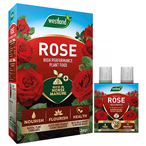 Rose Plant Feed & Protect Bundle - 3kg Rose Plant Food Pellets & Rose 2 in 1 Feed and Protect Concentrated 2x500ml. Garden Fertiliser for Outdoor Plants with Topline Card.